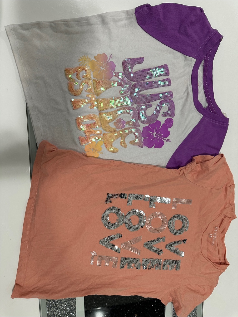 Guess Girls' Sequin Graphic Tees in Purple and Coral
